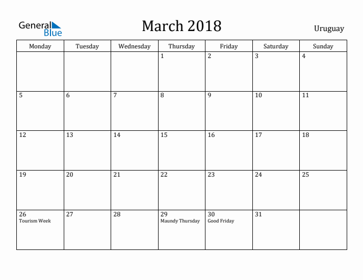 March 2018 Calendar Uruguay