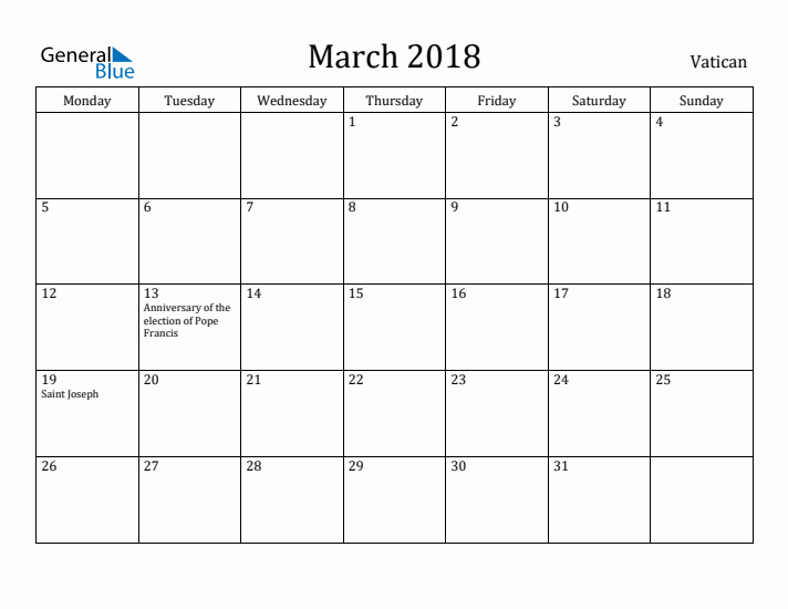 March 2018 Calendar Vatican