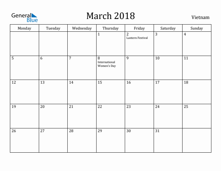 March 2018 Calendar Vietnam