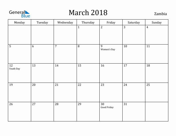 March 2018 Calendar Zambia