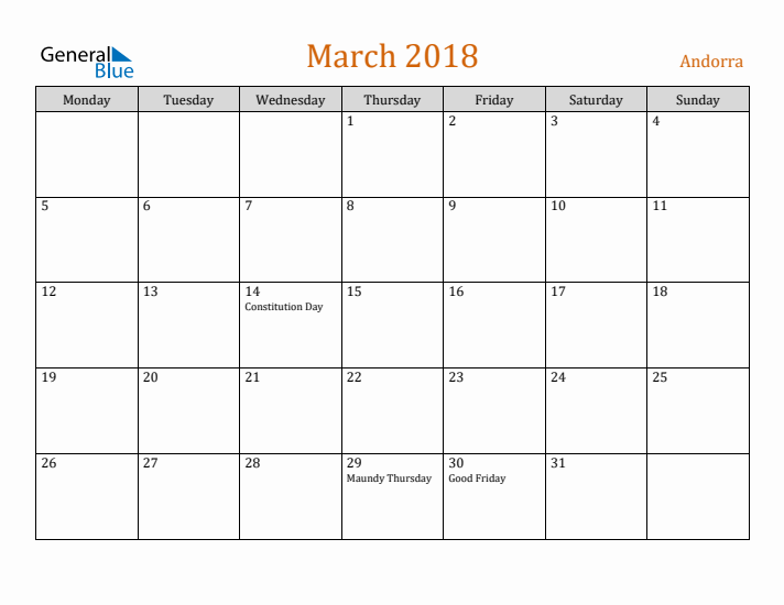 March 2018 Holiday Calendar with Monday Start