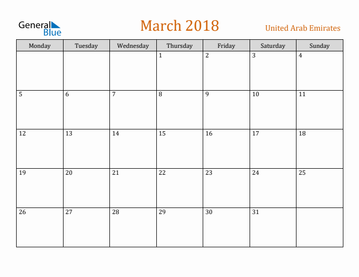 March 2018 Holiday Calendar with Monday Start