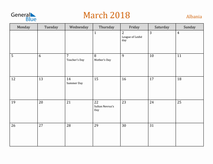 March 2018 Holiday Calendar with Monday Start