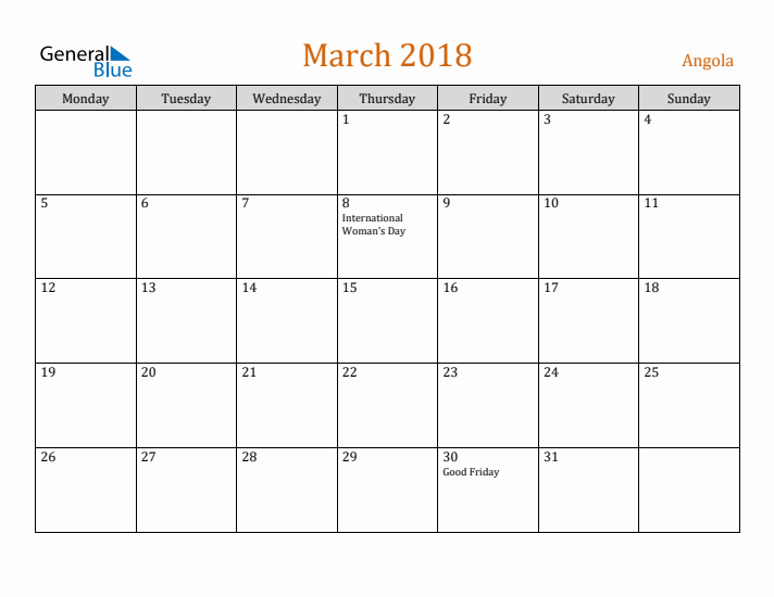 March 2018 Holiday Calendar with Monday Start