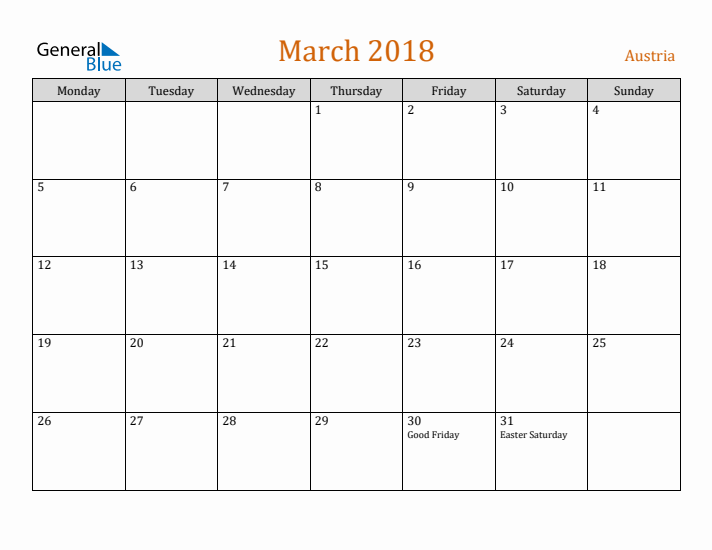 March 2018 Holiday Calendar with Monday Start