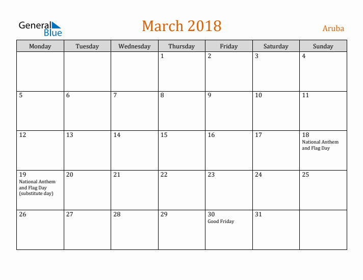 March 2018 Holiday Calendar with Monday Start