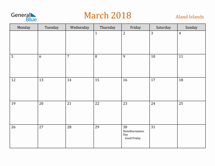 March 2018 Holiday Calendar with Monday Start