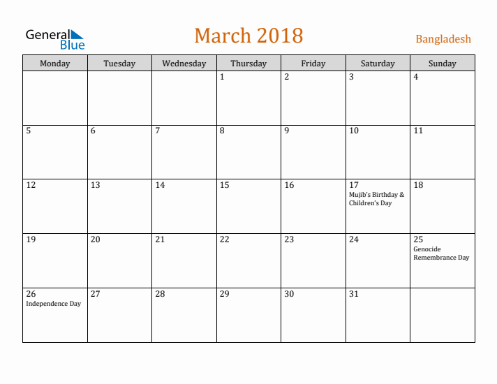 March 2018 Holiday Calendar with Monday Start