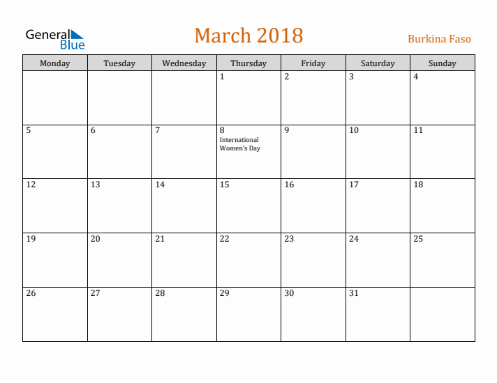 March 2018 Holiday Calendar with Monday Start