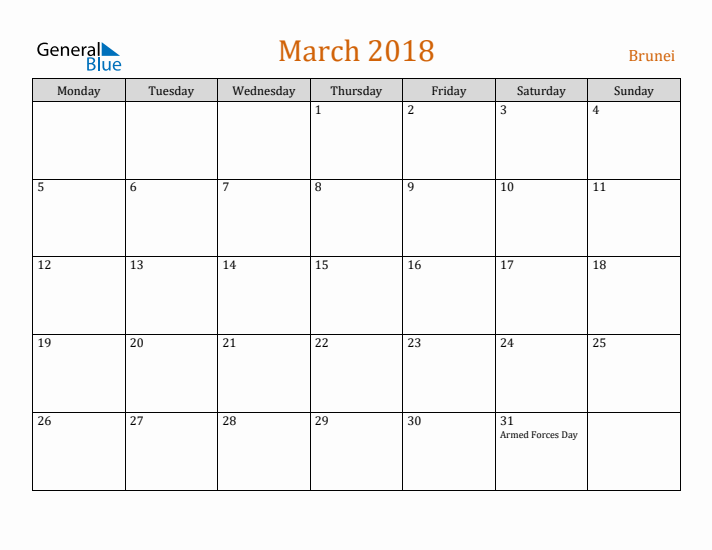 March 2018 Holiday Calendar with Monday Start