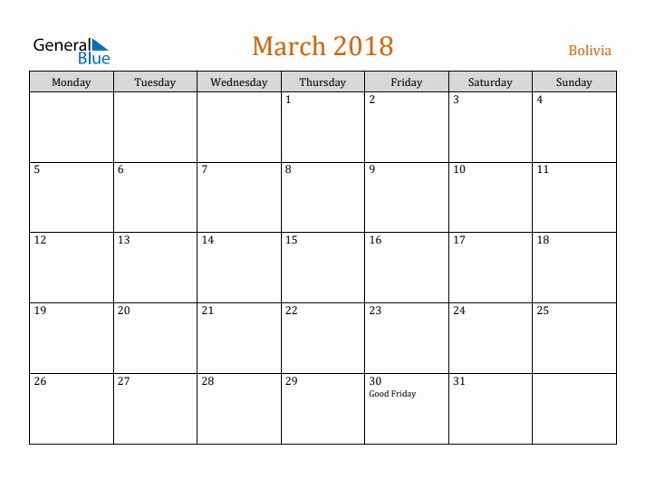 March 2018 Holiday Calendar with Monday Start