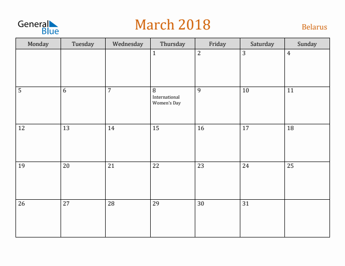 March 2018 Holiday Calendar with Monday Start