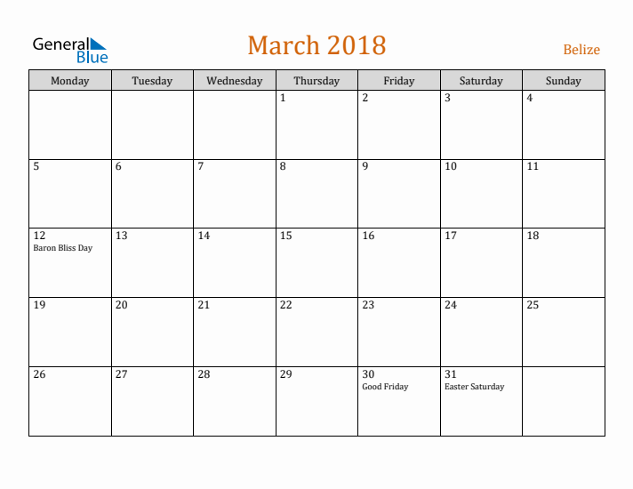 March 2018 Holiday Calendar with Monday Start