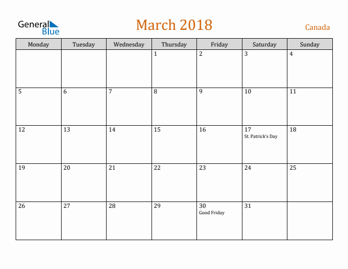 March 2018 Holiday Calendar with Monday Start