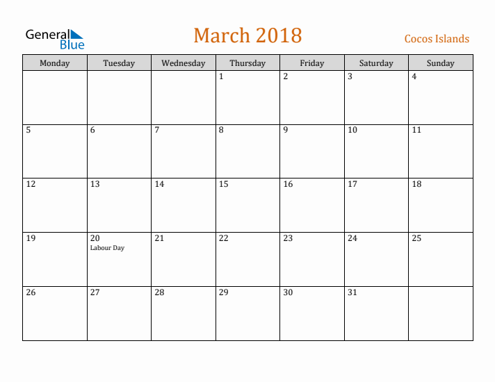 March 2018 Holiday Calendar with Monday Start