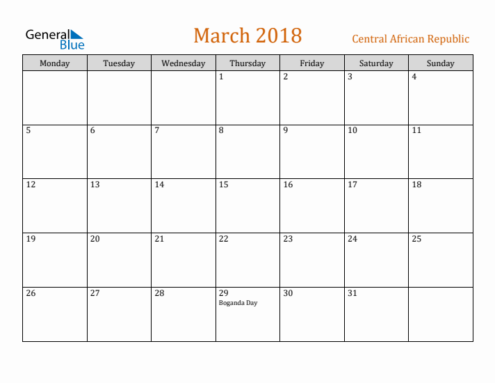 March 2018 Holiday Calendar with Monday Start