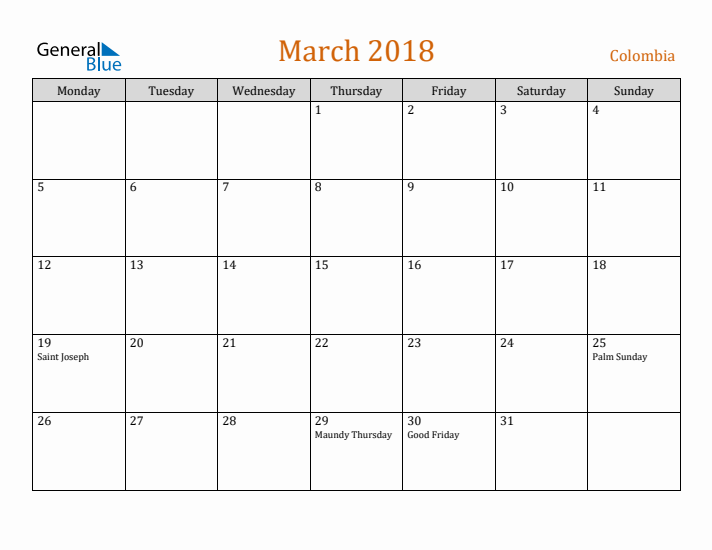 March 2018 Holiday Calendar with Monday Start