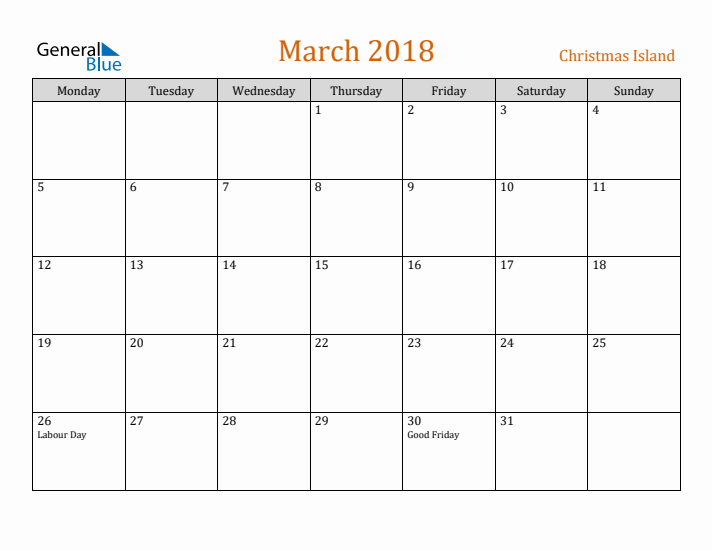 March 2018 Holiday Calendar with Monday Start