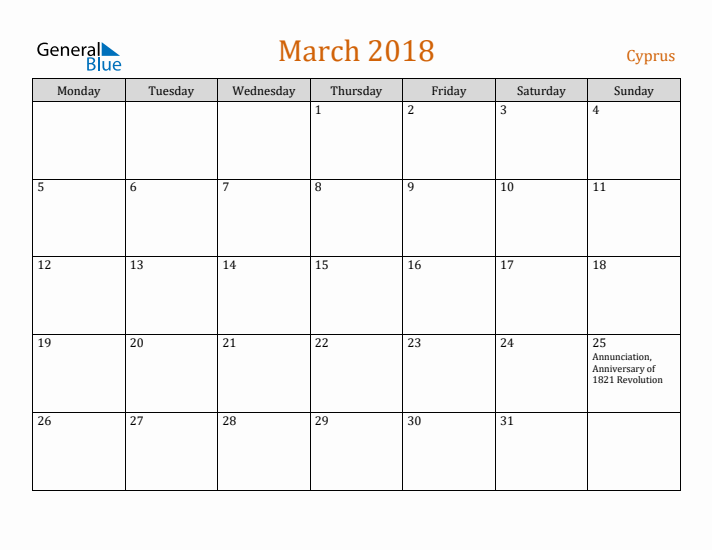 March 2018 Holiday Calendar with Monday Start