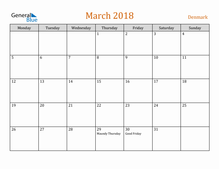 March 2018 Holiday Calendar with Monday Start