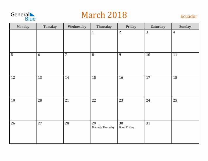 March 2018 Holiday Calendar with Monday Start