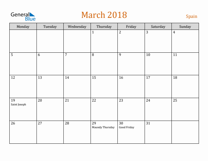 March 2018 Holiday Calendar with Monday Start