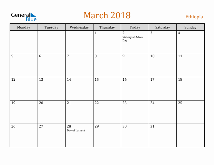 March 2018 Holiday Calendar with Monday Start