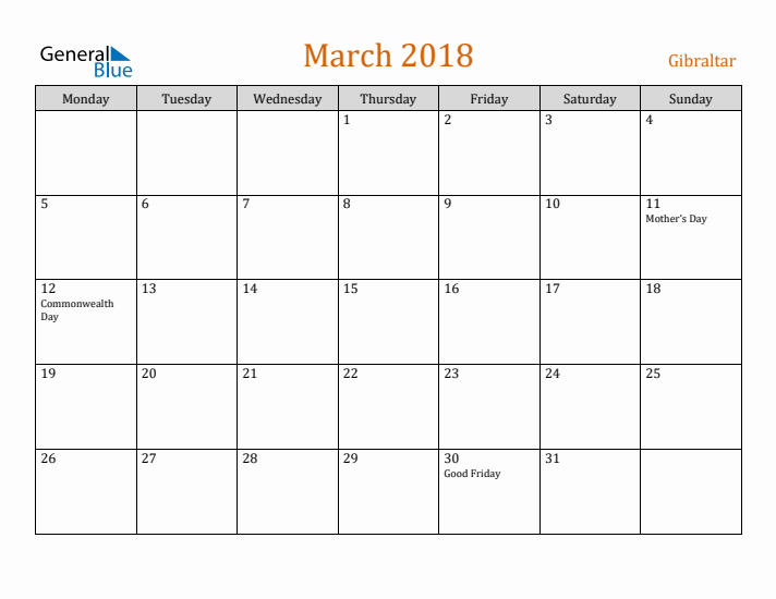 March 2018 Holiday Calendar with Monday Start