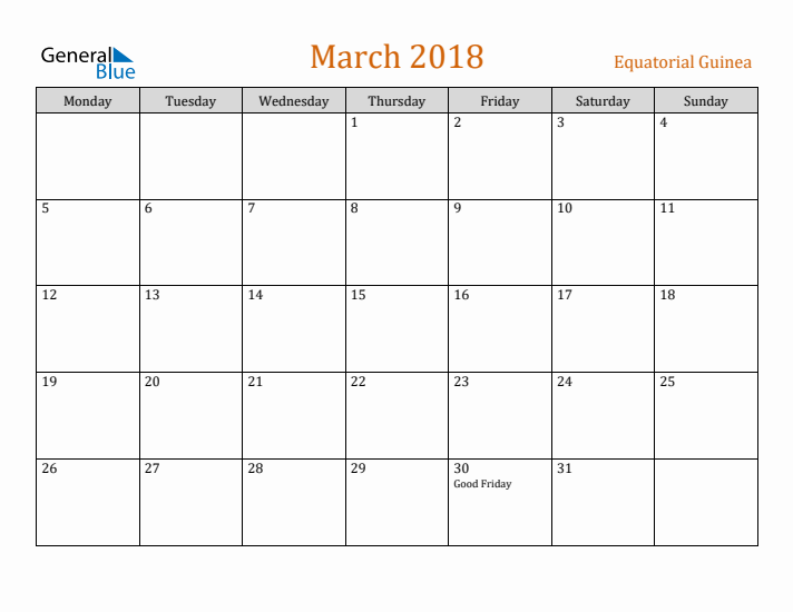 March 2018 Holiday Calendar with Monday Start