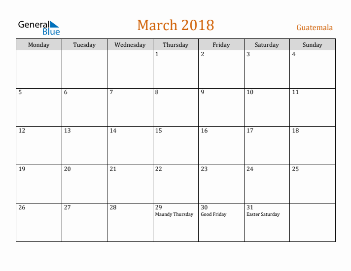 March 2018 Holiday Calendar with Monday Start