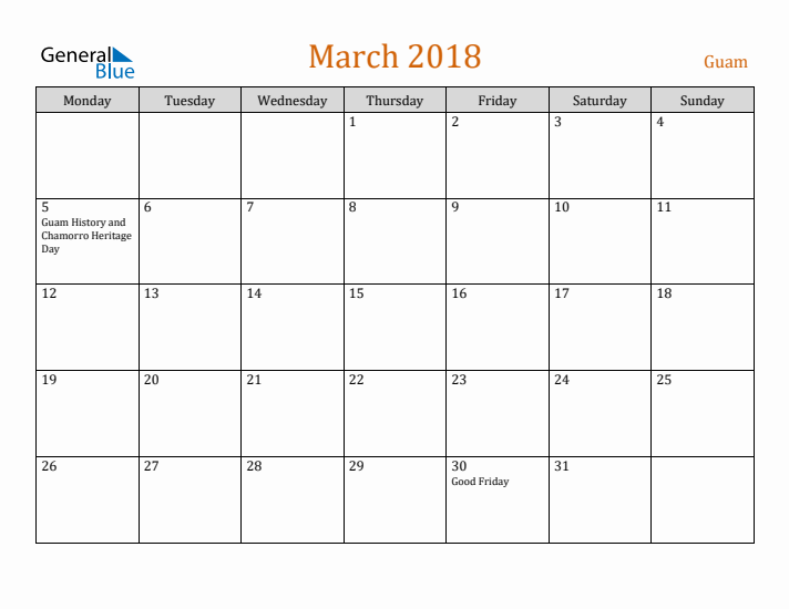 March 2018 Holiday Calendar with Monday Start