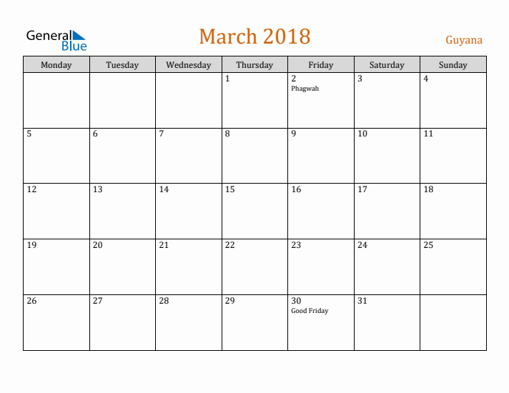 March 2018 Holiday Calendar with Monday Start