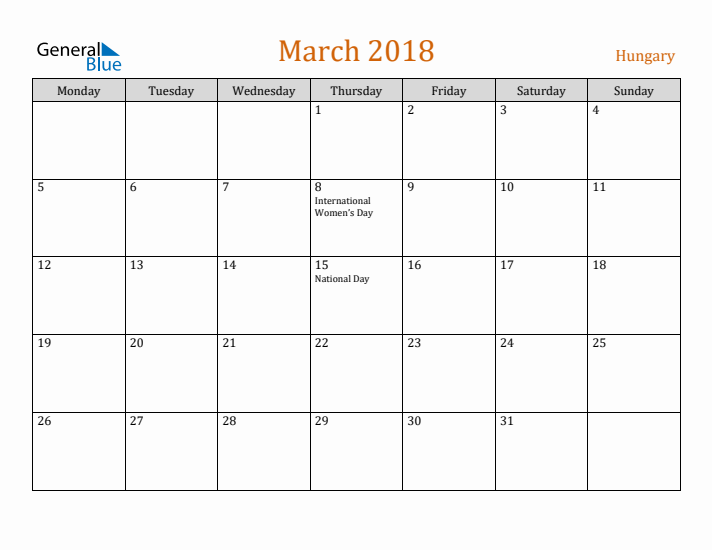 March 2018 Holiday Calendar with Monday Start