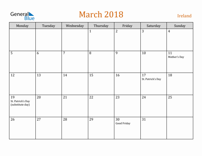 March 2018 Holiday Calendar with Monday Start