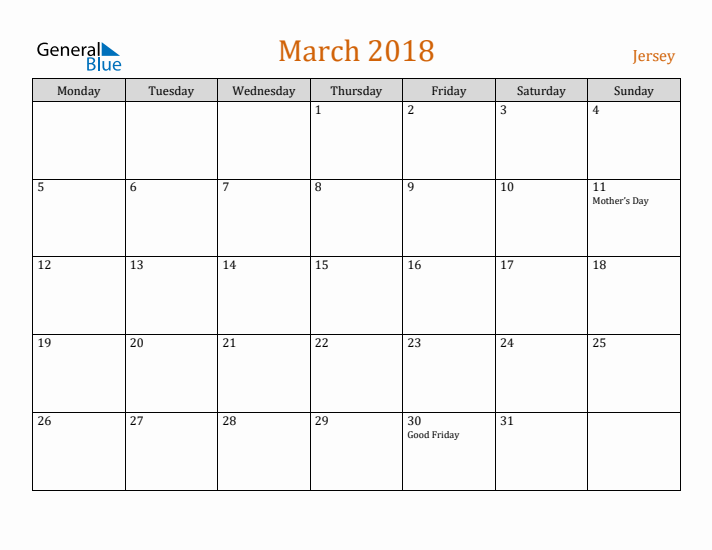 March 2018 Holiday Calendar with Monday Start