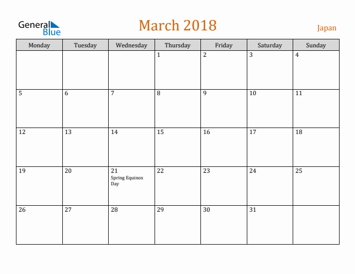 March 2018 Holiday Calendar with Monday Start