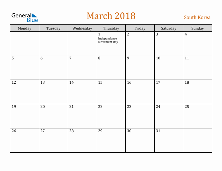 March 2018 Holiday Calendar with Monday Start