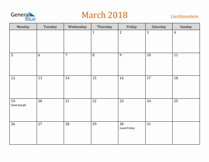 March 2018 Holiday Calendar with Monday Start