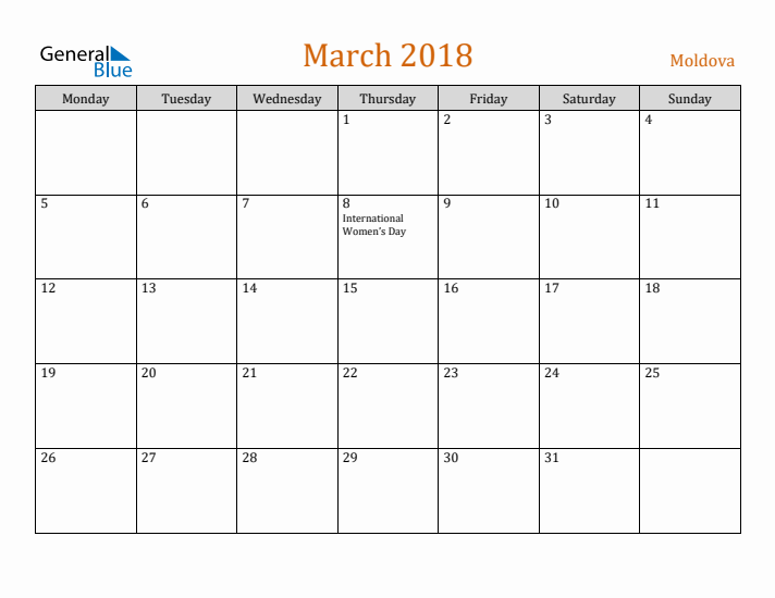 March 2018 Holiday Calendar with Monday Start