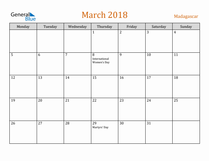 March 2018 Holiday Calendar with Monday Start