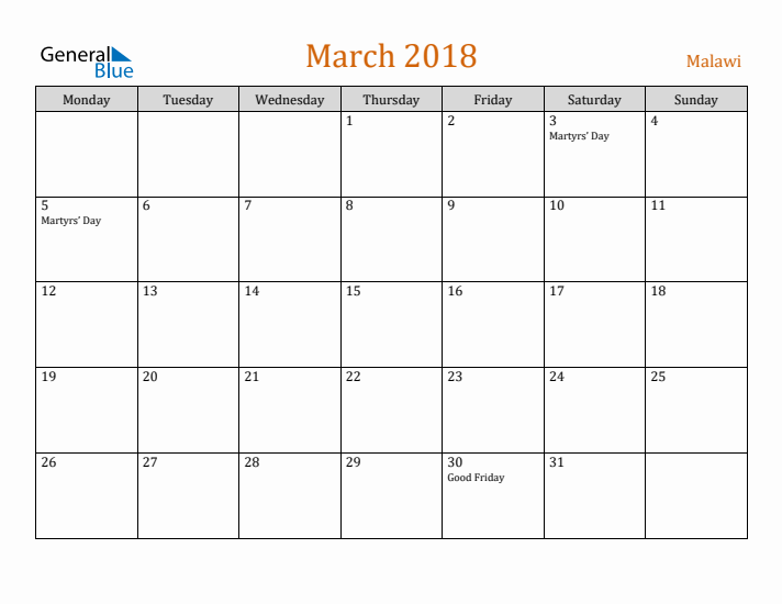 March 2018 Holiday Calendar with Monday Start