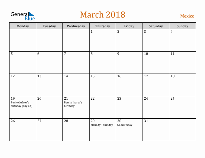 March 2018 Holiday Calendar with Monday Start