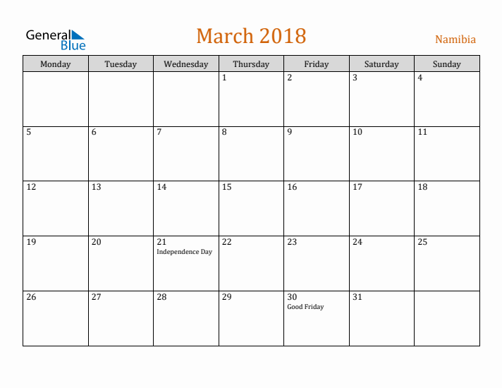 March 2018 Holiday Calendar with Monday Start