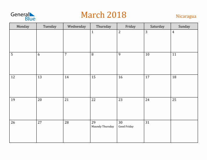 March 2018 Holiday Calendar with Monday Start