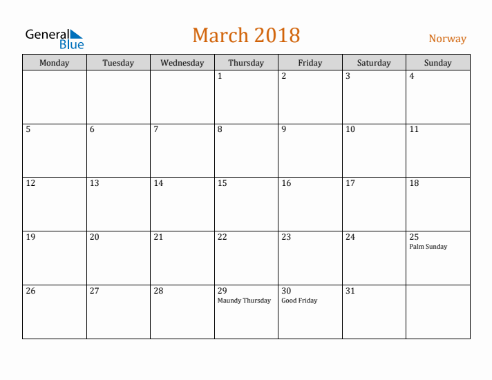 March 2018 Holiday Calendar with Monday Start