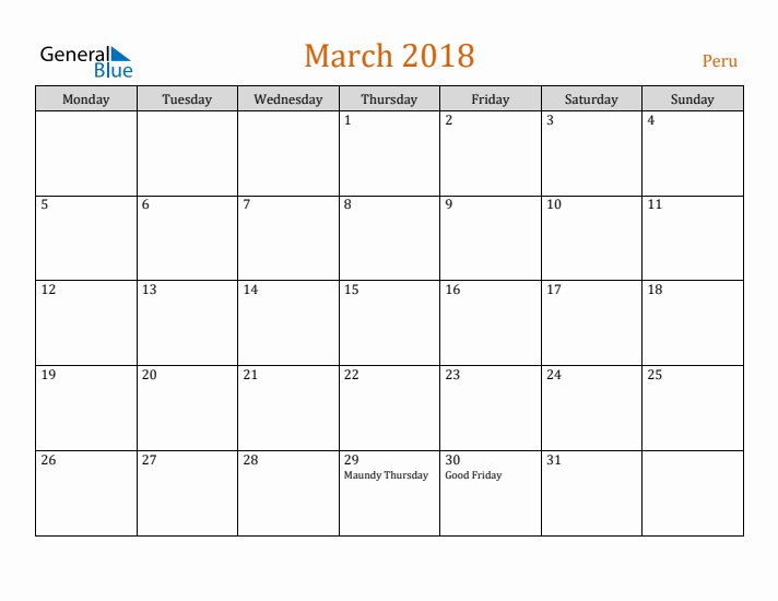 March 2018 Holiday Calendar with Monday Start