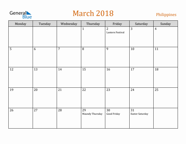 March 2018 Holiday Calendar with Monday Start