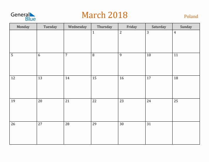 March 2018 Holiday Calendar with Monday Start