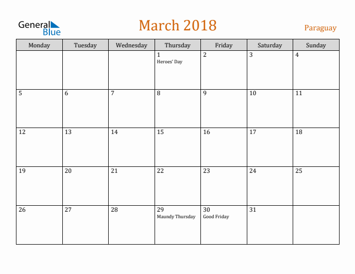 March 2018 Holiday Calendar with Monday Start