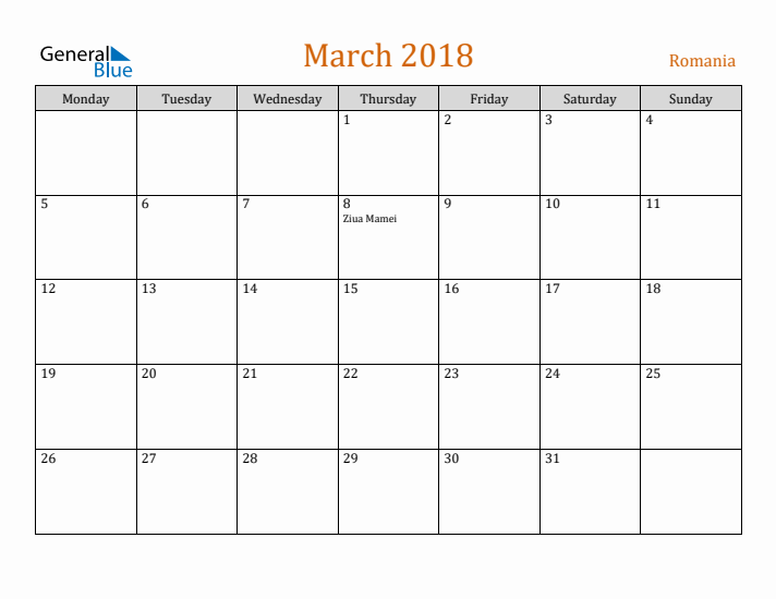 March 2018 Holiday Calendar with Monday Start